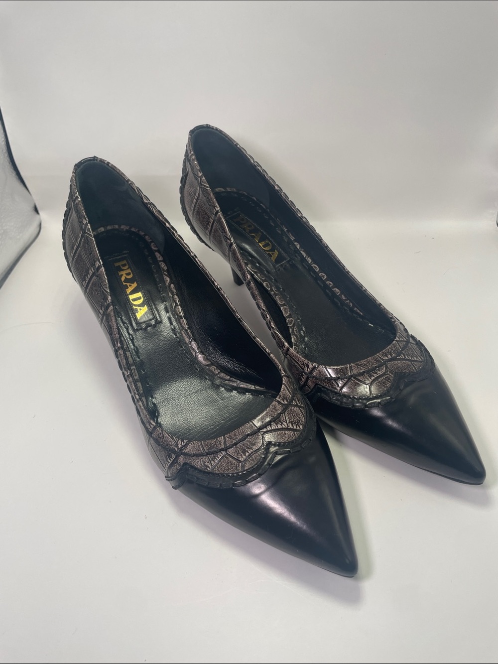 Prada Leather Pointed Croc Pattern Kitten Heels - 35